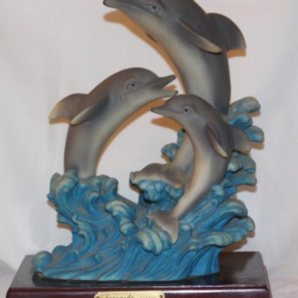 Large Leonardo Collection 3 Dolphin Statue  Wood Base, Resin  Measures 11 in